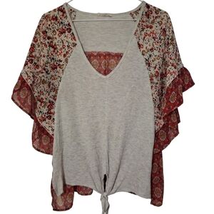 Hummingbird Gray and Red Tie Front‎ Ruffled Blouse Bohemian Floral Sz M